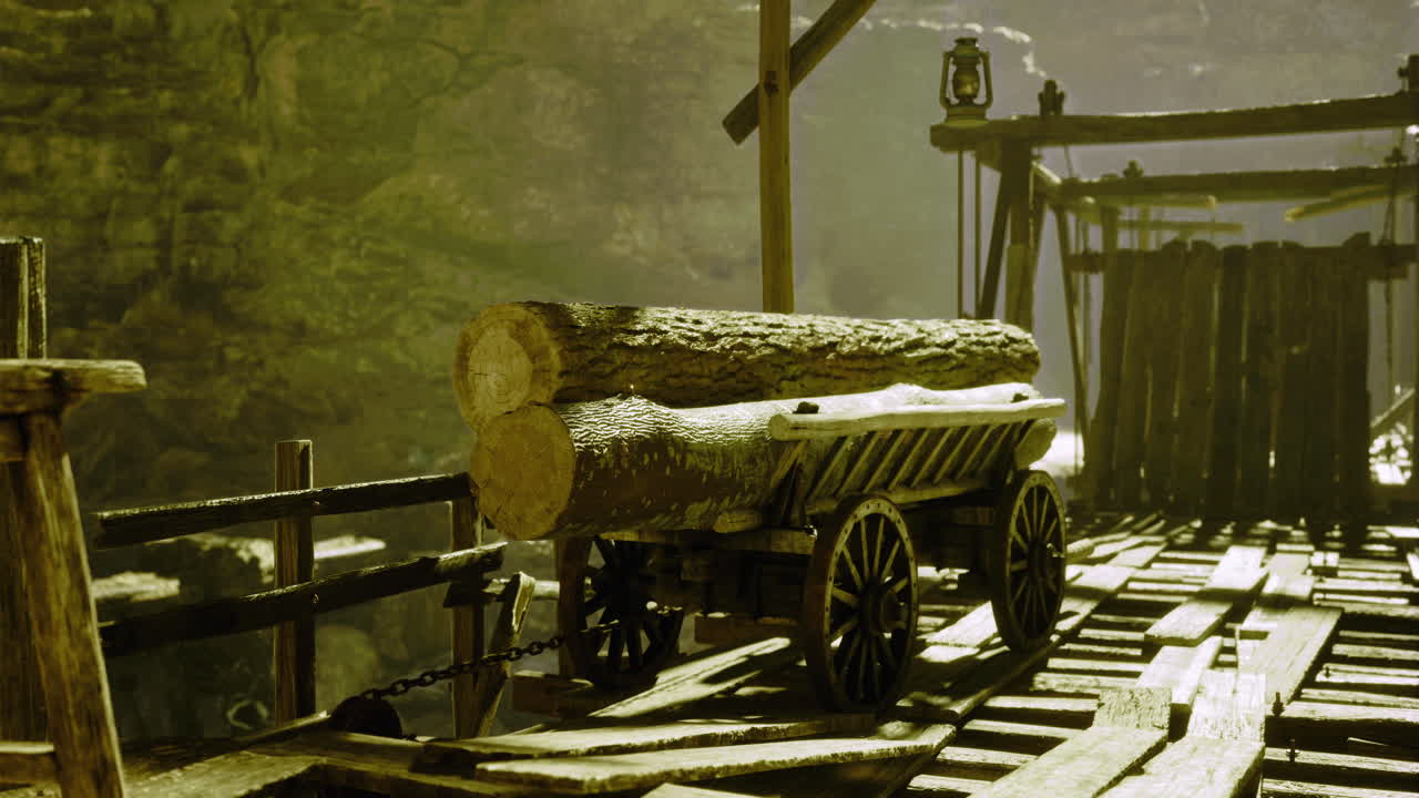 Details of an old wooden cart on a rustic wooden dock at sunset