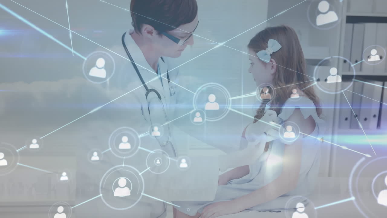 여성 의사와 소녀 환자에 대한 연결 네트워크의 애니메이션