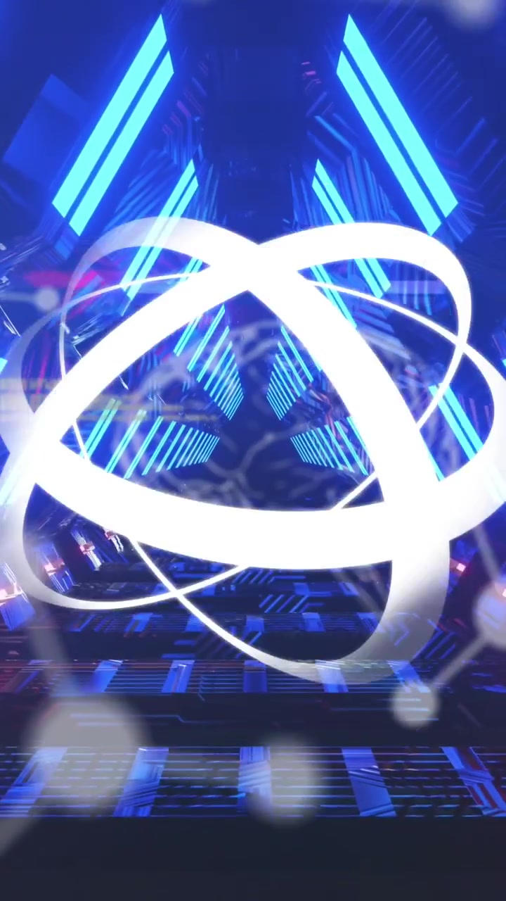 Animazione di un tunnel al neon con codice QR e forme caleidoscopiche