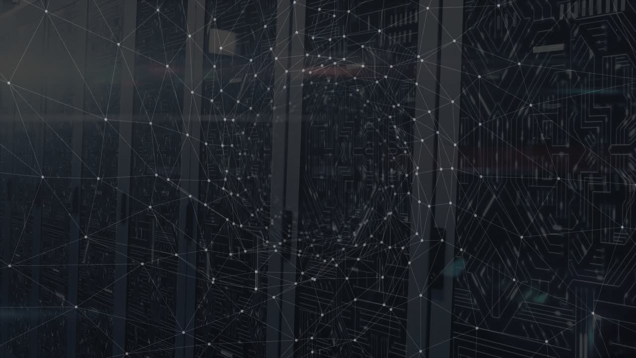 On start network nodes and lines pulsing reorganizing around server cabinets to simulate data flow
