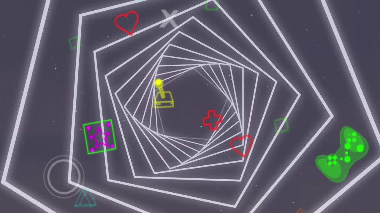 анимация падающих игровых икон над геометрическими формами