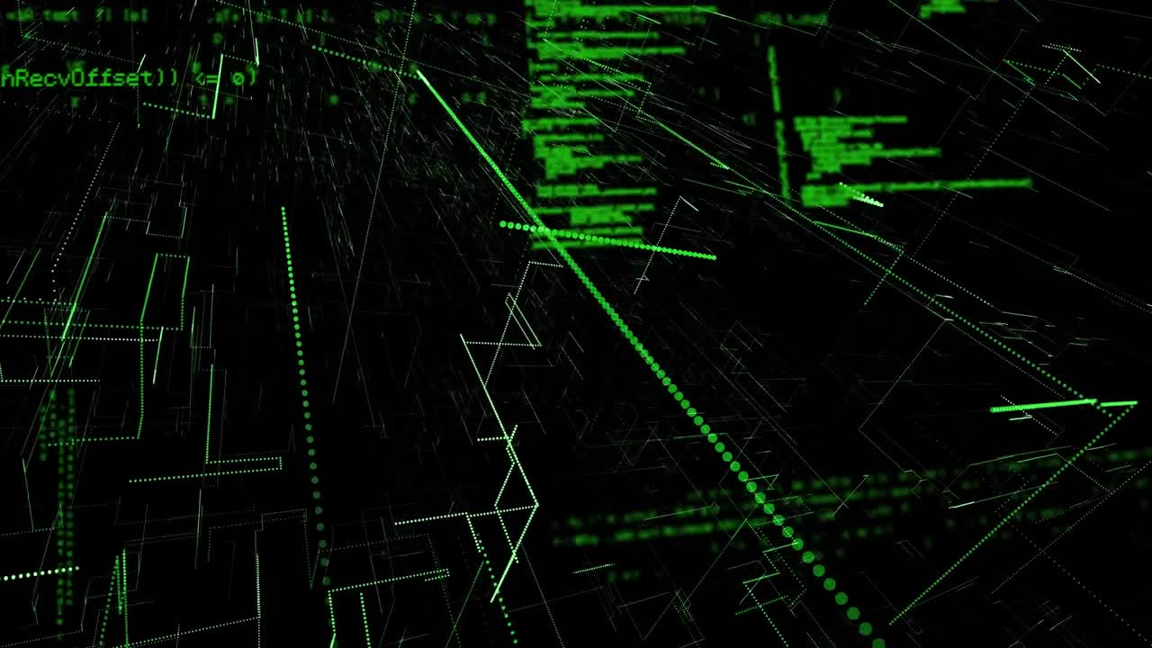 Animation of data processing and light trails on black background
