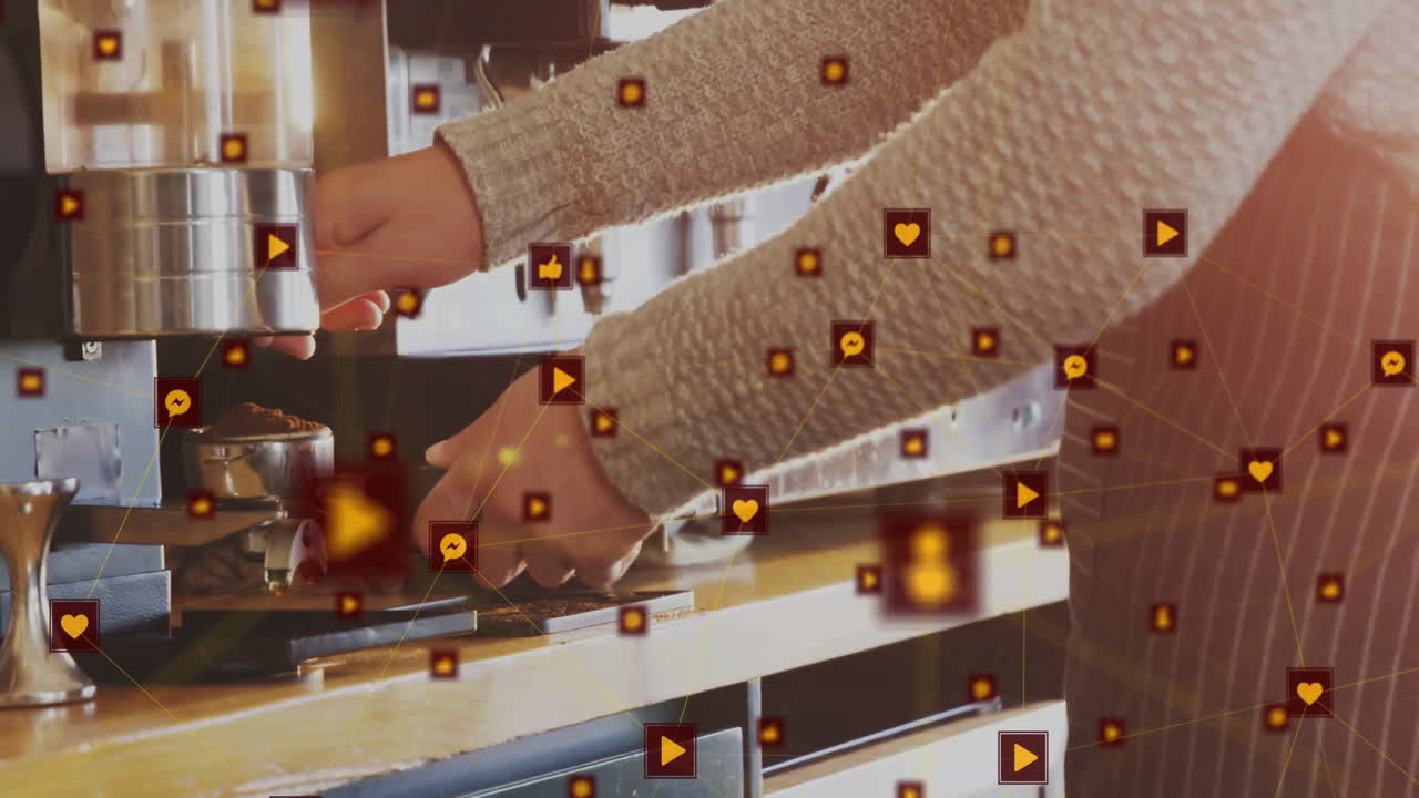 Barista hands locking portafilter under espresso machine while digital marketing icons floating