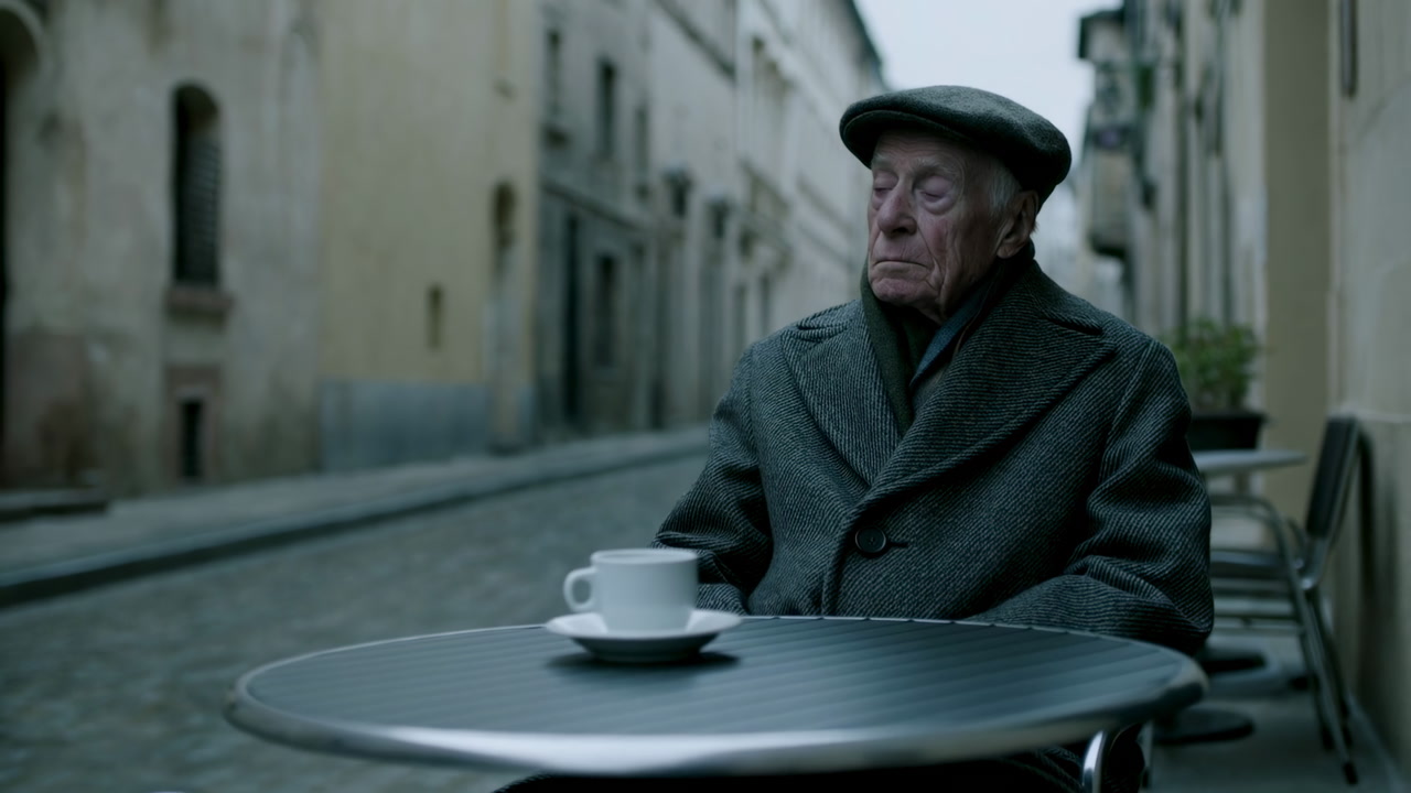 Elderly Caucasian Man Sitting Outdoors Cafe Table With Porcelain Cup, Gray Coat And Cap, Empty Cobblestone