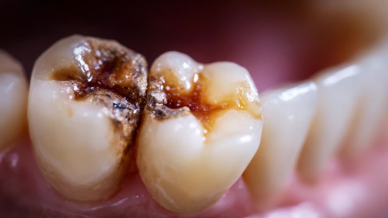 Close-up View of Dental Cavities on Human Teeth Illustrating Severe Tooth Decay with Darkened Surfaces and an Infected Appearance, Highlighting the Importance of Dental Hygiene and Care