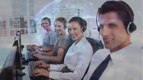 Animation-of-globe-over-business-people-using-phone-headsets