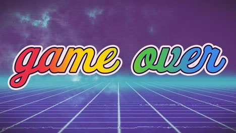 animation of colorful digital game over text over grid pattern against violet background, copy space