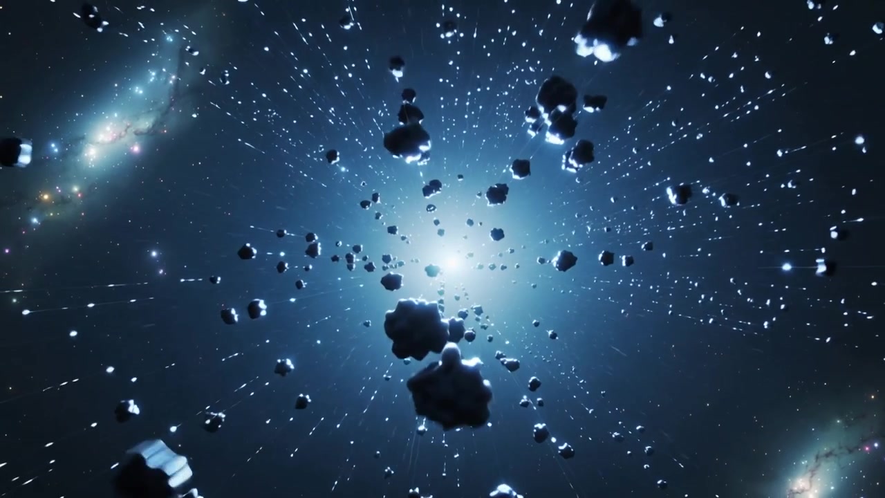 Camera moving forward, dense asteroid cluster streaming past bright central light in deep space