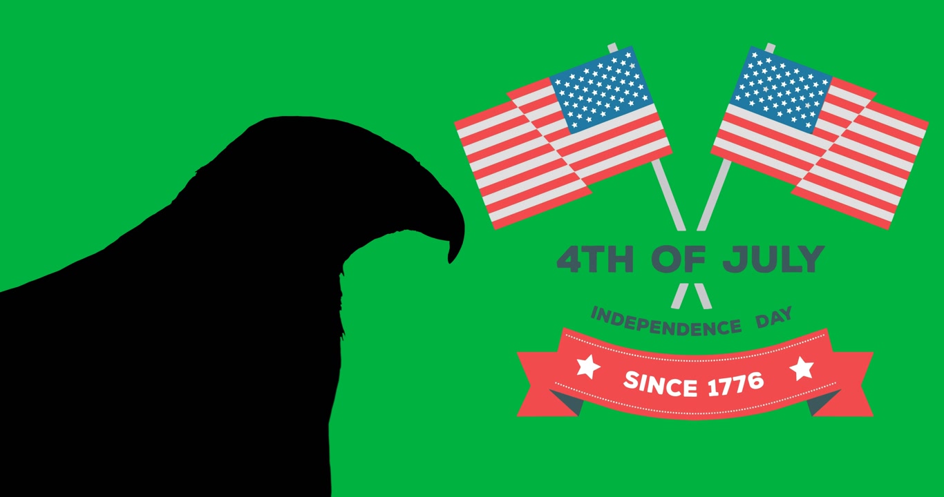 Digital animation af uafhængighedsdags tekstbanner og amerikanske flagikoner mod sort baggrund