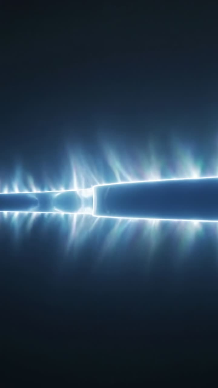 Vertical video: Emerging bright block moving along glowing beam over dark void, raising mid flares