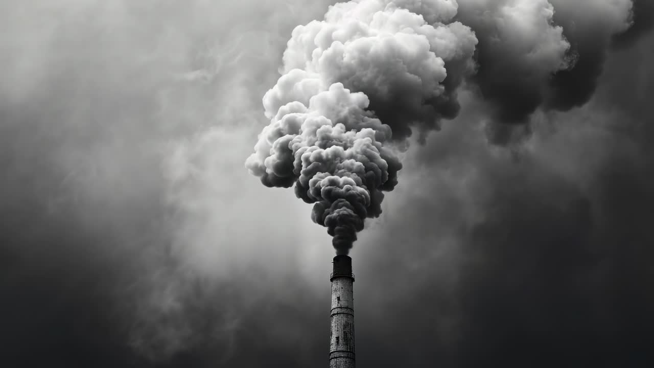 Drammatica inquadratura dal basso di un fumaiolo che emette fumo denso su un cielo nuvoloso