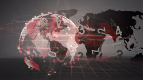 animation of data processing over rotating globe with network of connections and world map