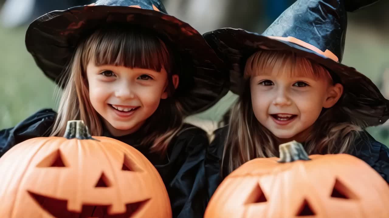 Two children are posing with two pumpkins, the children are dressed up in Halloween costumes
