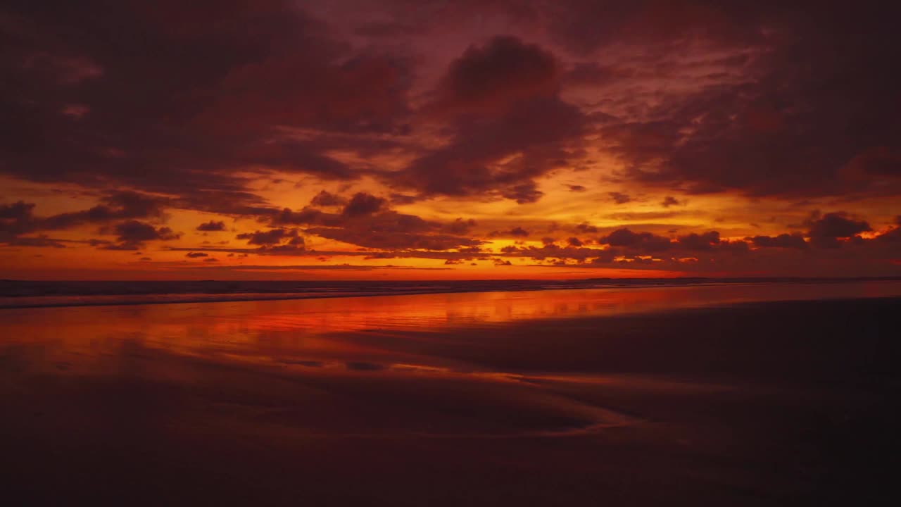 "un hermoso bucle de video sin costuras en una amplia y remota playa de arena del pacífico en el parque nacional manuel antonio, costa rica. las nubes están coloreando todo el cielo y las olas en rojo. una tortuga bebé se mueve hacia el agua. """