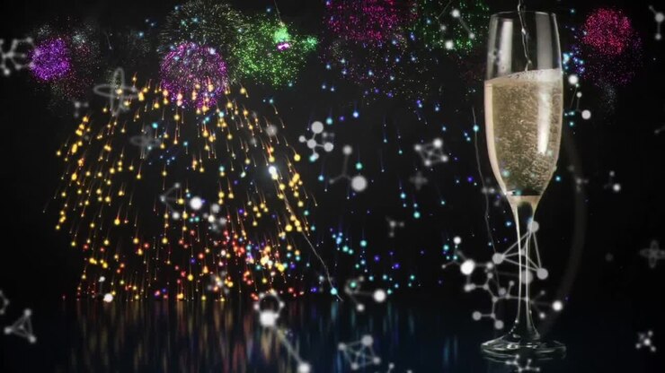 Animazione di champagne e fuochi d'artificio su sfondo nero