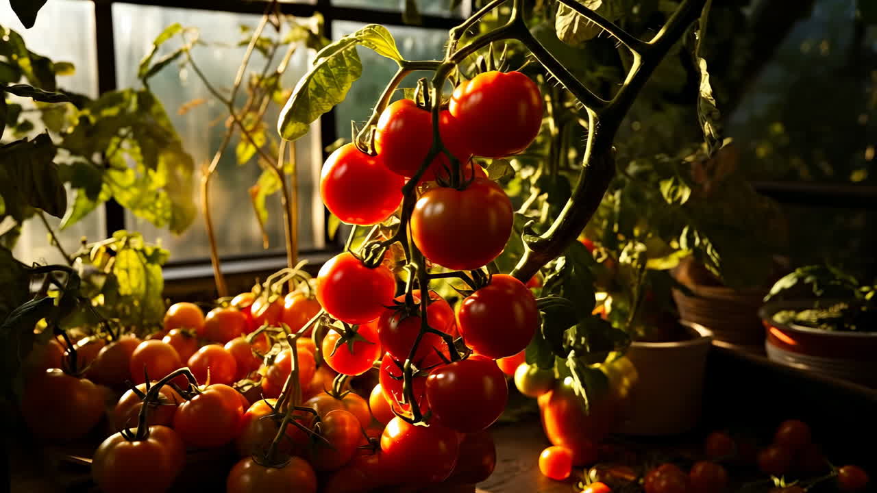 Warm greenhouse with ripe tomatoes. Fresh red tomatoes hang from green vines inside a sunlit greenhouse, surrounded by lush plants in pots