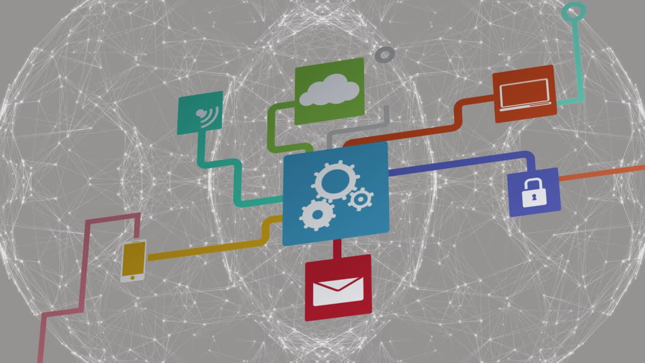 Animation of network of connections with icons over white background