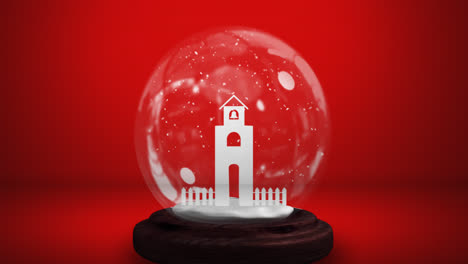 Animación-De-Globo-De-Nieve-Con-Nieve-Cayendo-Y-Torre-De-Iglesia-Sobre-Fondo-Rojo