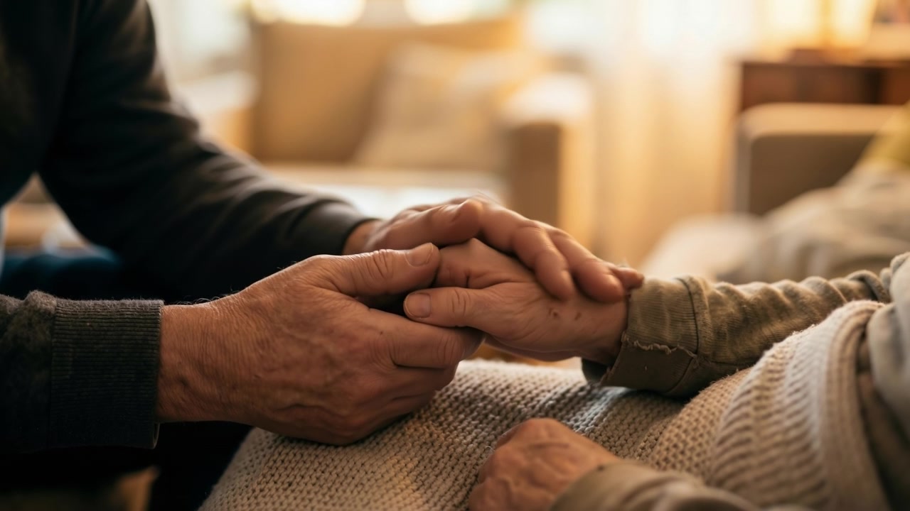 Primo piano di una persona più giovane che tiene delicatamente le mani di una persona anziana in una stanza calda.