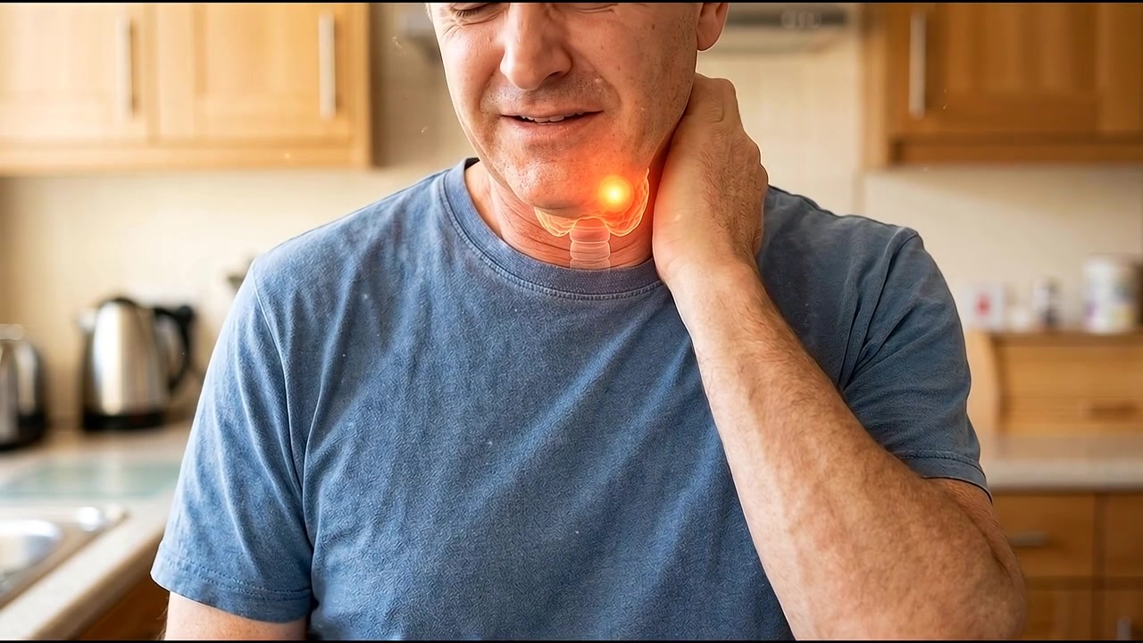 Uomo che accusa dolore e disagio alla tiroide in cucina