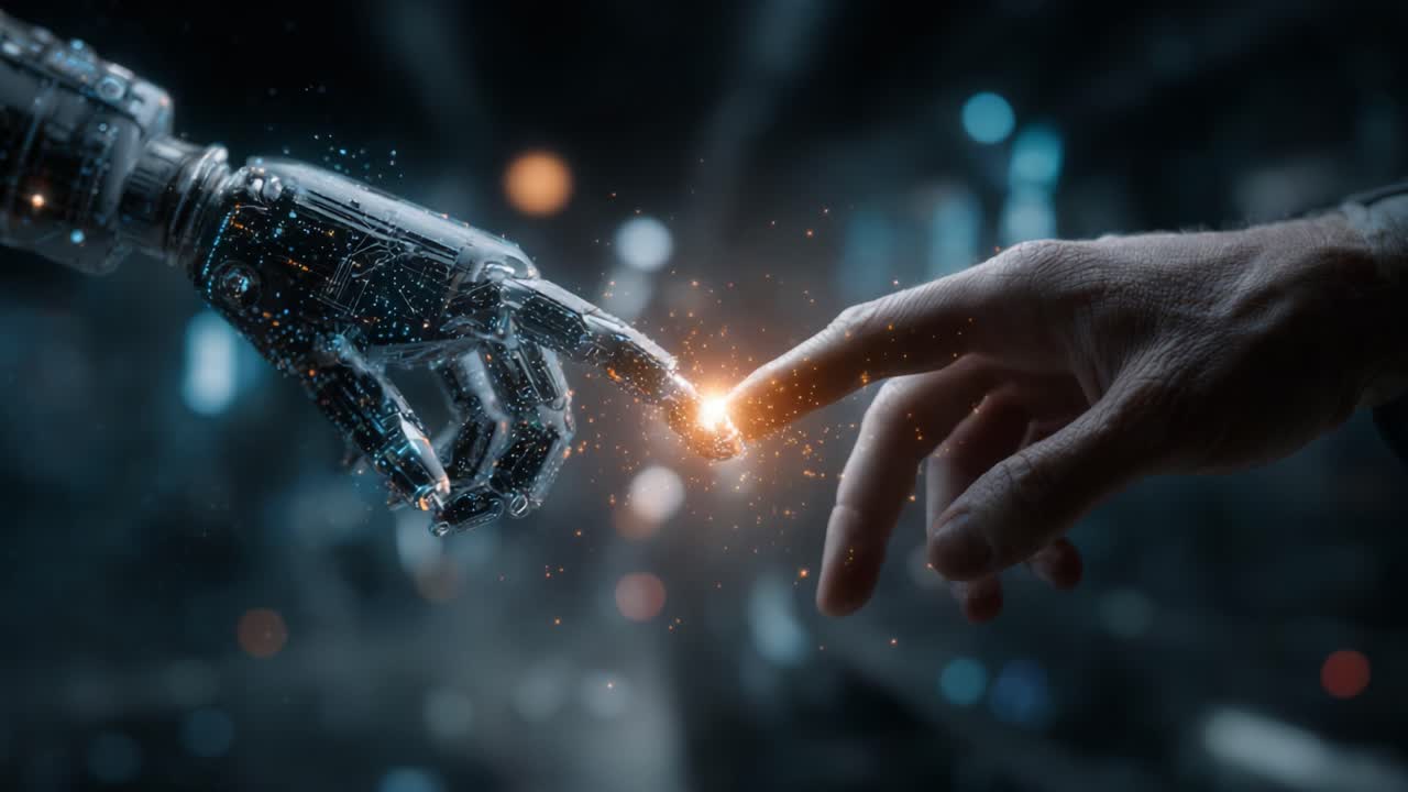 A Captivating Moment of Connection Between Human and Machine: A Human Hand Reaches Out to Touch a Robotic Hand, Symbolizing Unity and Innovation in Technology