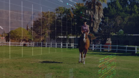 financial data charts animation over person riding horse in grassy field
