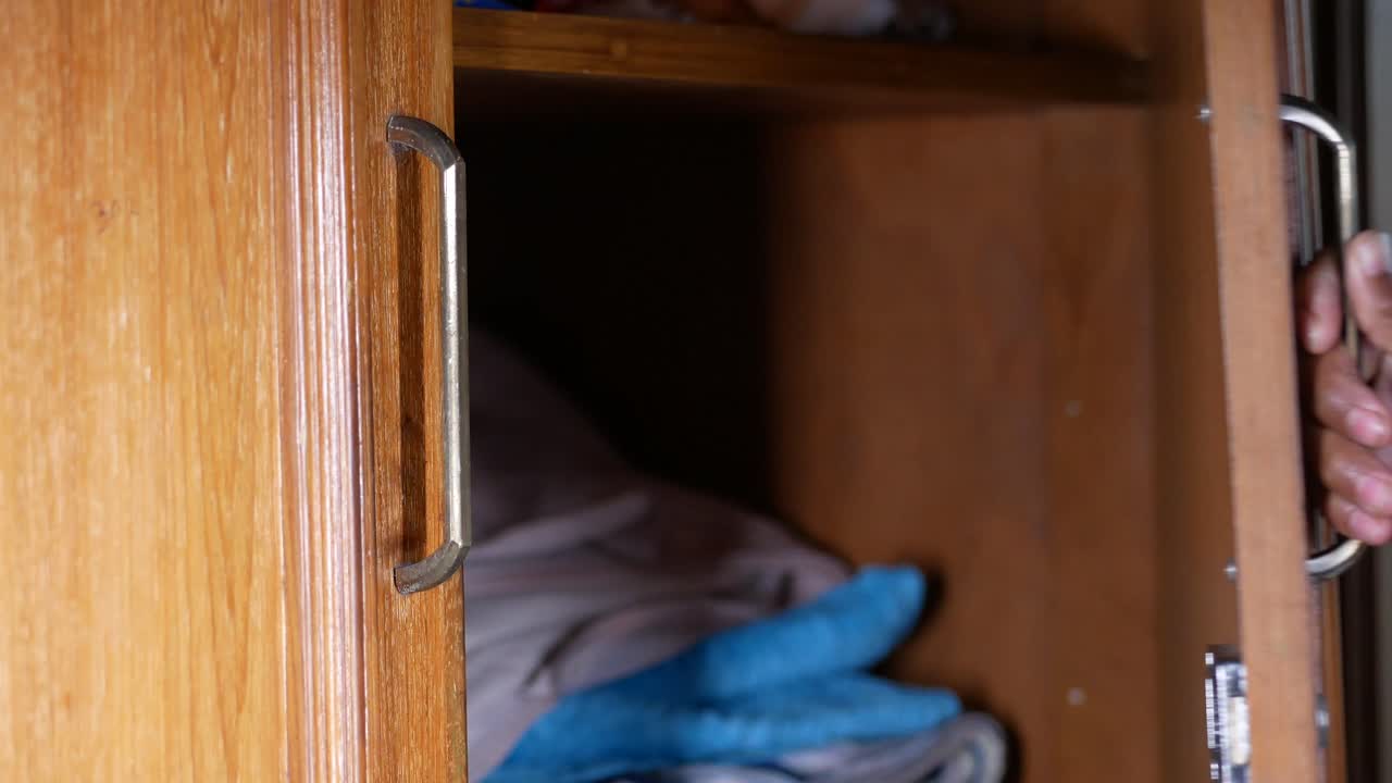 Persona che apre l'anta di un armadio in legno
