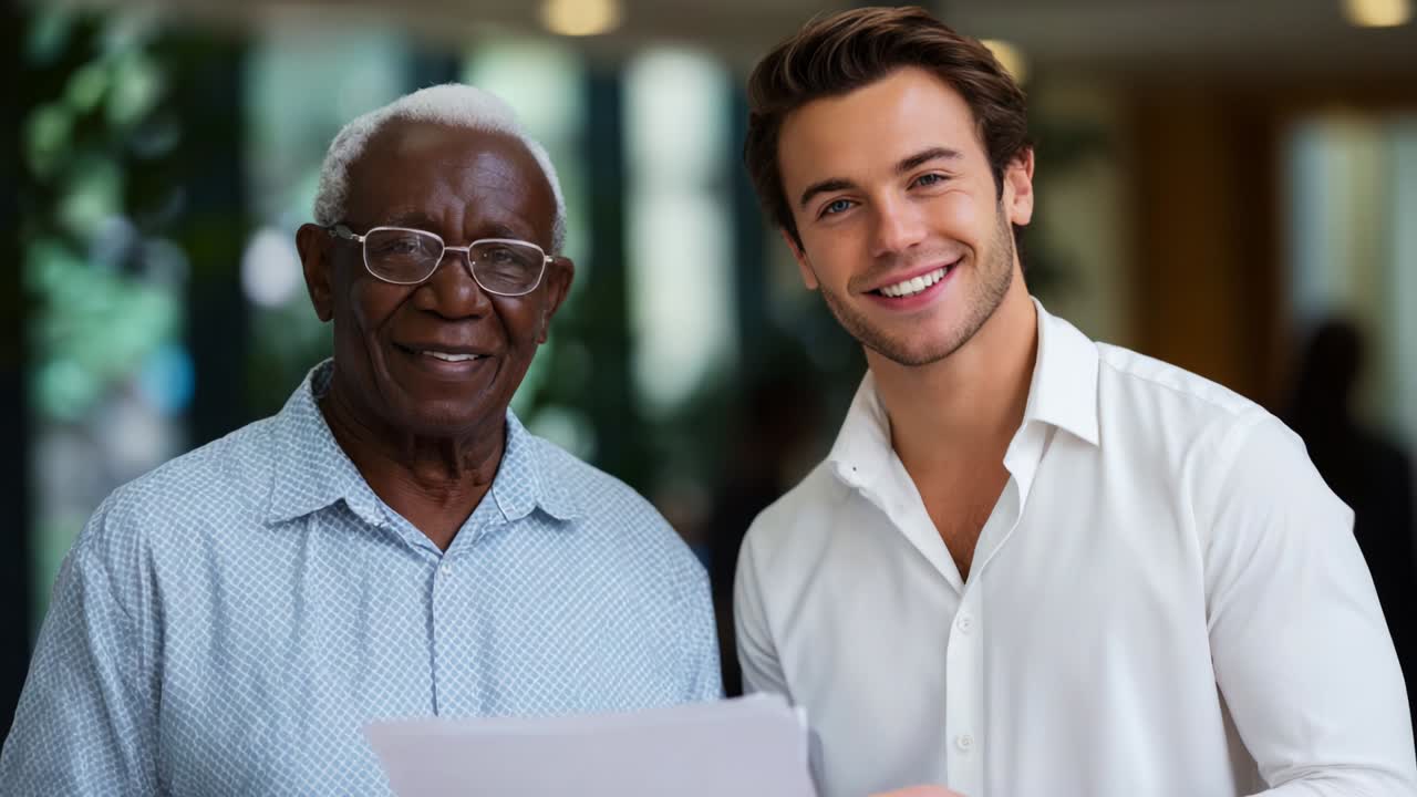 A Heartwarming Moment of Connection Between Two Generations, Featuring an Elderly Man and a Young Adult Smiling Together While Holding a Document Inside a Bright Environment Filled with Natural Light