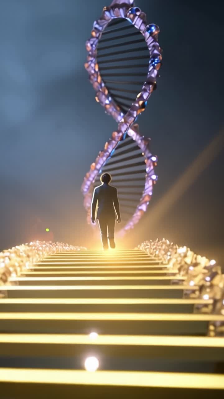 Uma jornada pela espiral do DNA: Uma figura solitária caminhando em direção à iluminação com uma dupla hélice brilhante em um cenário místico e inspirador.