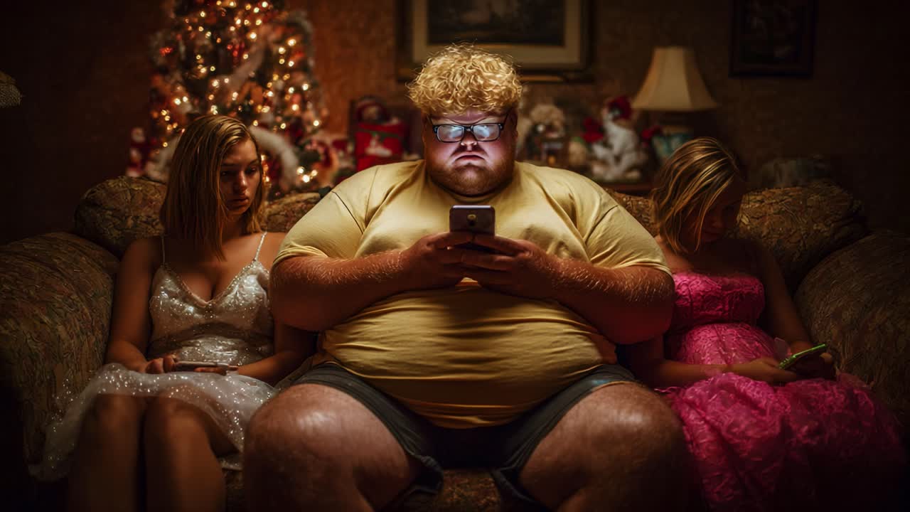 A Cozy Gathering Captured: A Young Man Surrounded by Two Women on a Couch, Engrossed in His Phone with a Festive Background of Christmas Decorations and Lights