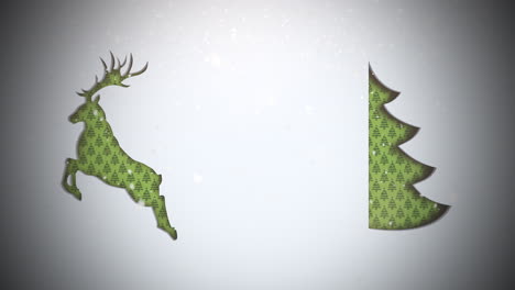 primer plano animado árbol de navidad verde y ciervos sobre fondo de nieve