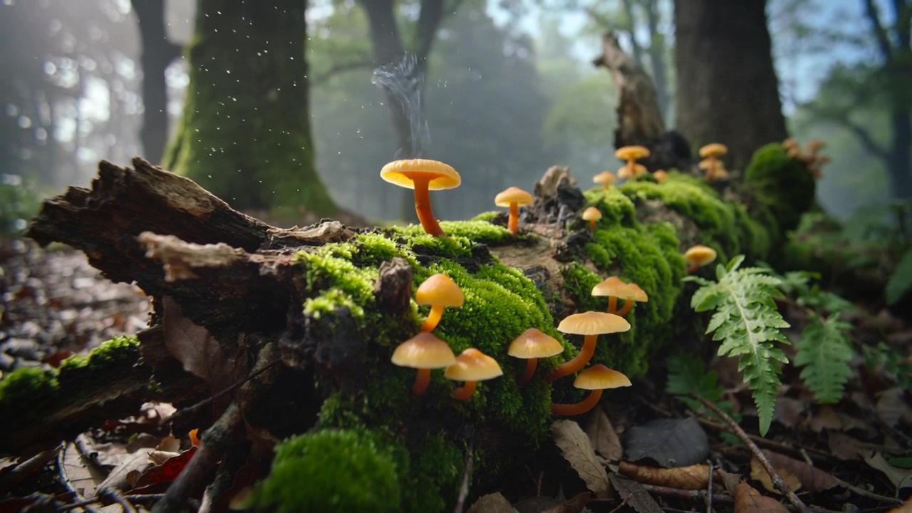 Moving low-angle camera following mossy log with orange mushrooms on misty floor, revealing texture