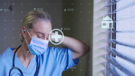 animation of data processing with icons over caucasian female doctor