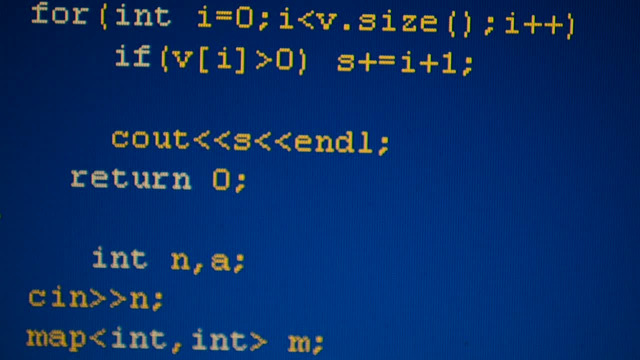 Source code on the monitor screen. Shooting of the text of the computer program