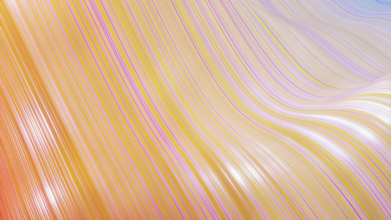 Beautiful abstract background of waves on surface, yellow color gradients, extruded lines as striped fabric surface with folds or waves on liquid. 4k loop. 2