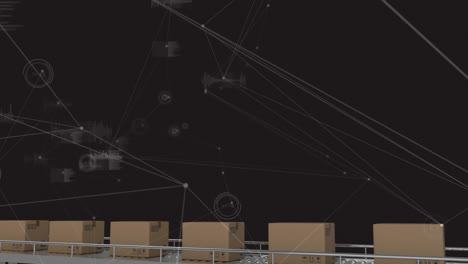 Animation-of-network-of-connections-over-boxes-on-conveyor-belts-in-warehouse