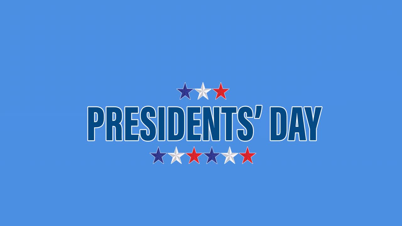 대통령의 날 텍스트의 애니메이션이 파란색 배경 위에 움직입니다.