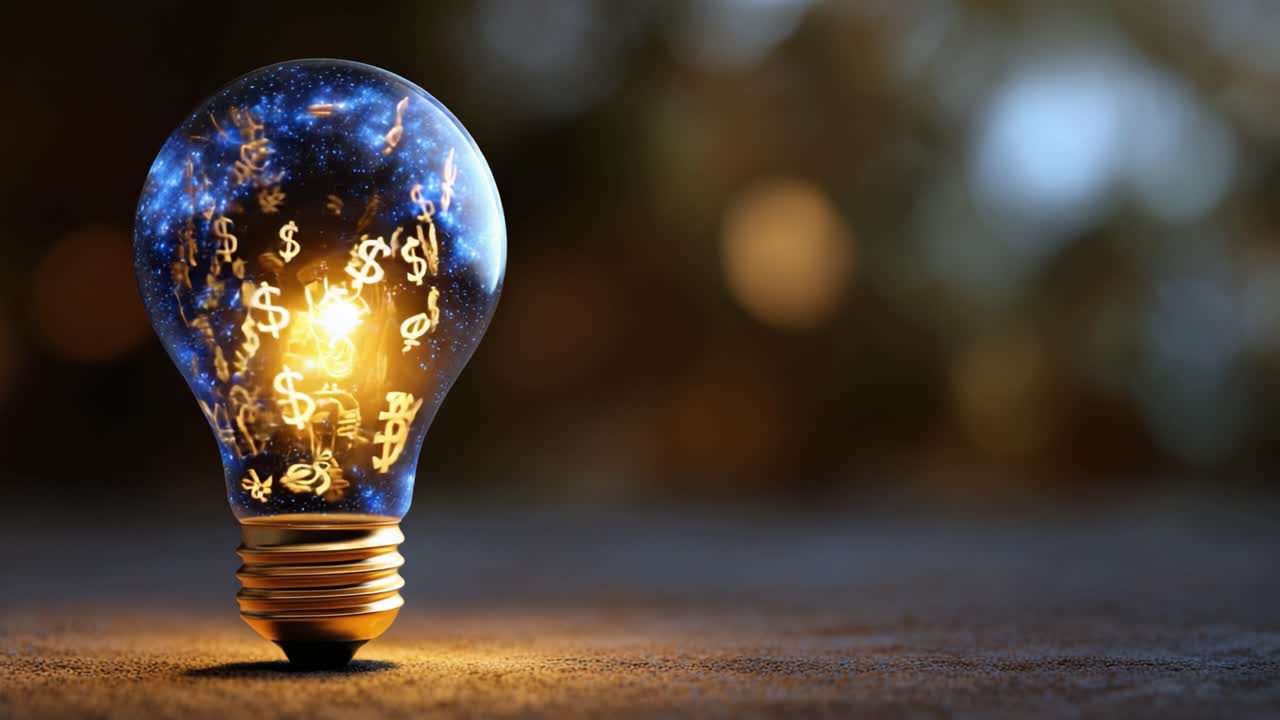 Una lampadina incandescente piena di simboli cosmici e illuminata da simboli del dollaro, che rappresenta la fusione tra creatività, finanza e innovazione in un'immagine accattivante