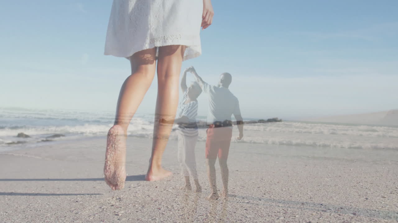 Walking on beach, people with animation of couple dancing joyfully overlay