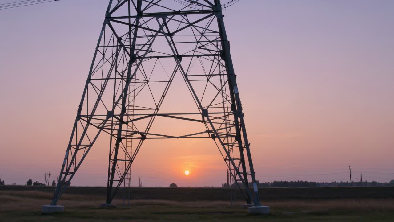 Shifting sun moving near horizon, casting silhouette over steel pylon on farm plain, warming sky