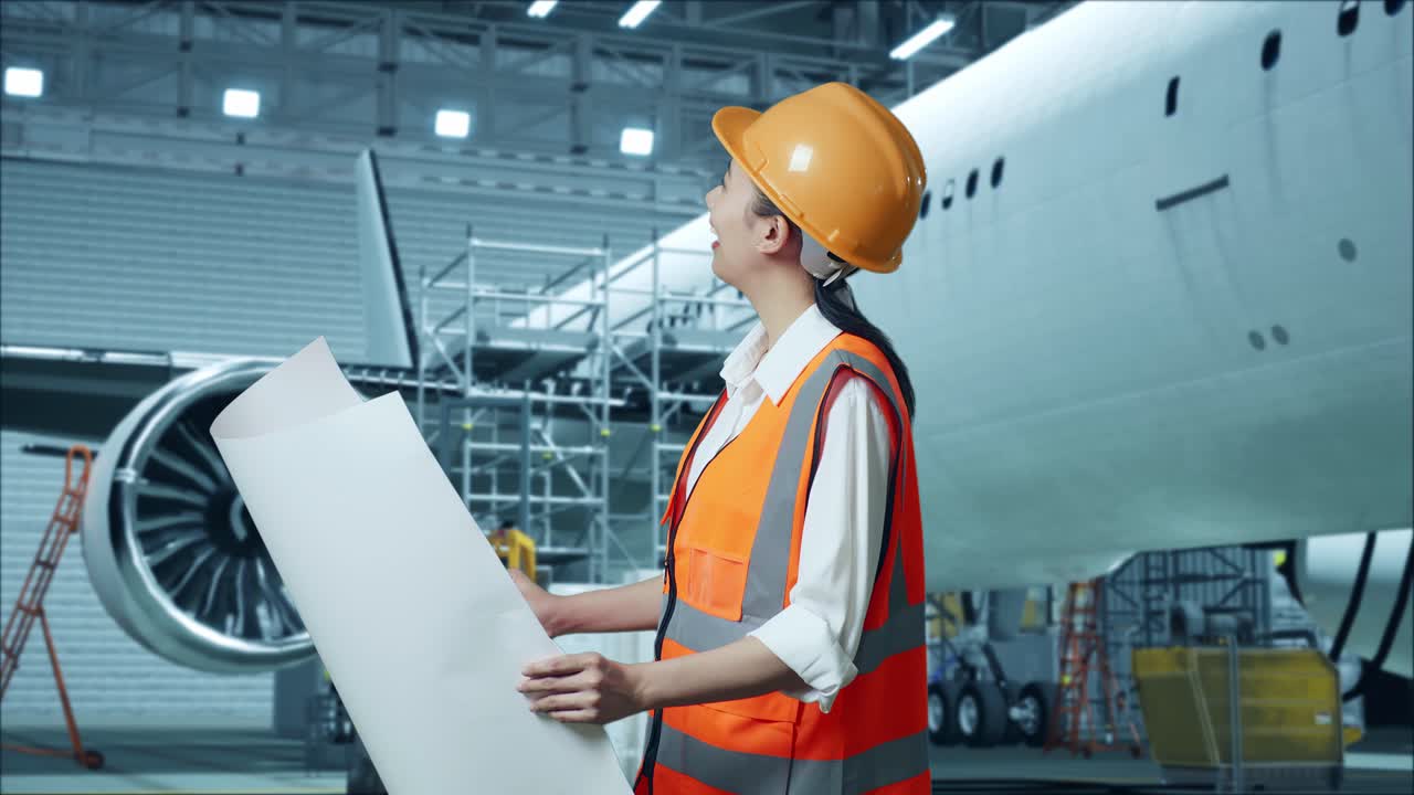 боковой вид азиатской женщины-инженера с защитным шлемом, смотрящей на чертеж в руках и оглядывающейся, стоя с самолетом в ангаре