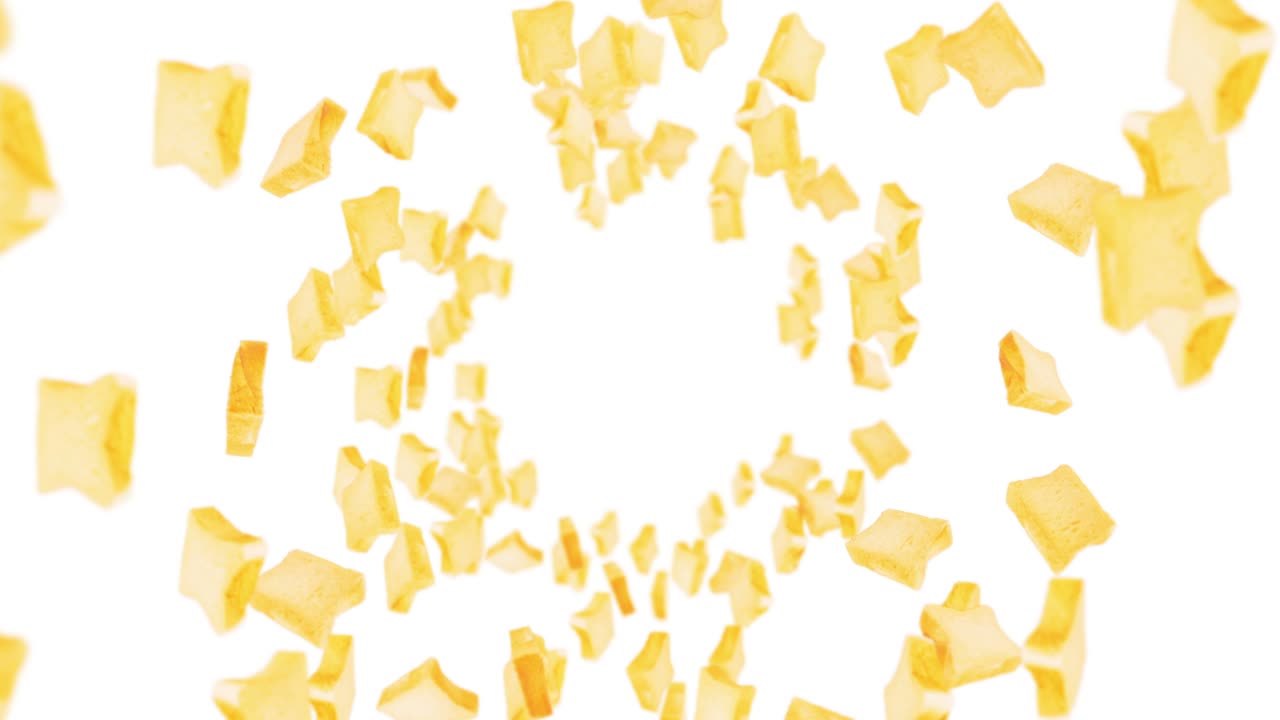 색 배경에 많은 평평한  조각을 날아. 식품, 음식 및 먹는 개념. 밀  조편의 3d 애니메이션 회전. 루프 애니메이션.