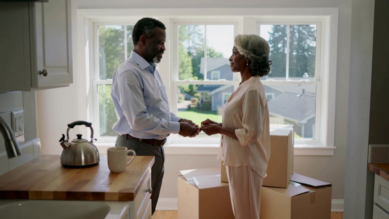 Offering keys man in button-down and woman in loose blouse smiling in kitchen with moving boxes