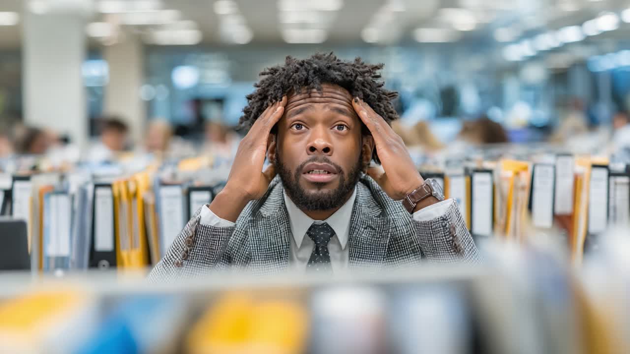 An Overwhelmed Office Worker Faces Stress and Distraction in a Chaotic Work Environment, Struggling to Maintain Focus Amidst Mounting Responsibilities and Pressure