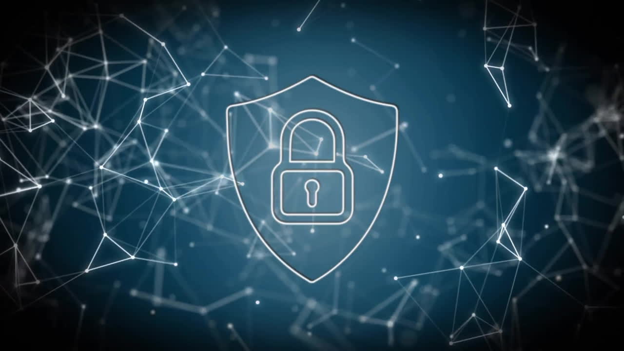 Animation of padlock, connections and data processing over dark background