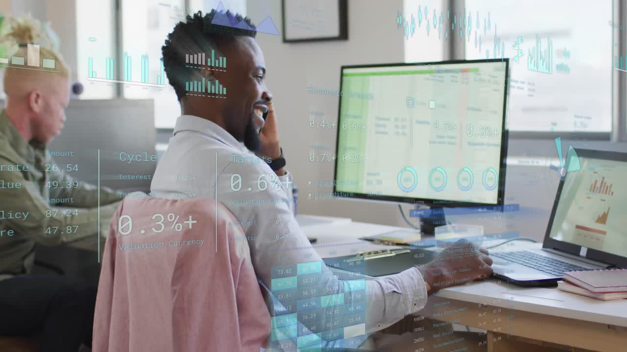Animation of financial data processing over diverse business people in office