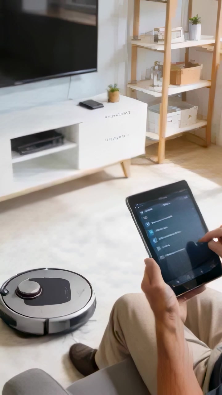 Vertical video: Tapping man in tan pants on tablet in living room, controlling vacuum, copy space