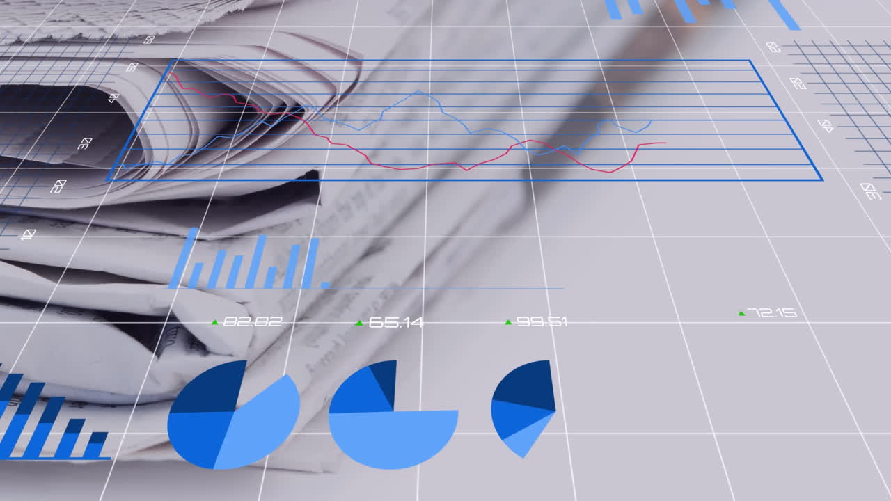 animación de múltiples gráficos con números cambiantes sobre el patrón de cuadrícula contra los periódicos en el escritorio