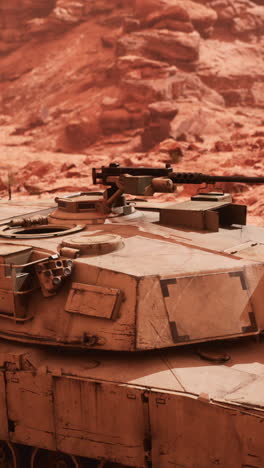 close-up of a military tank in the desert