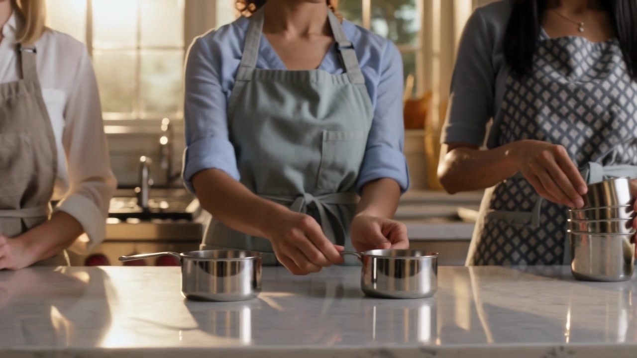 Aproned women placing pots and aligning measuring cups on marble top, camera framing hands for demo
